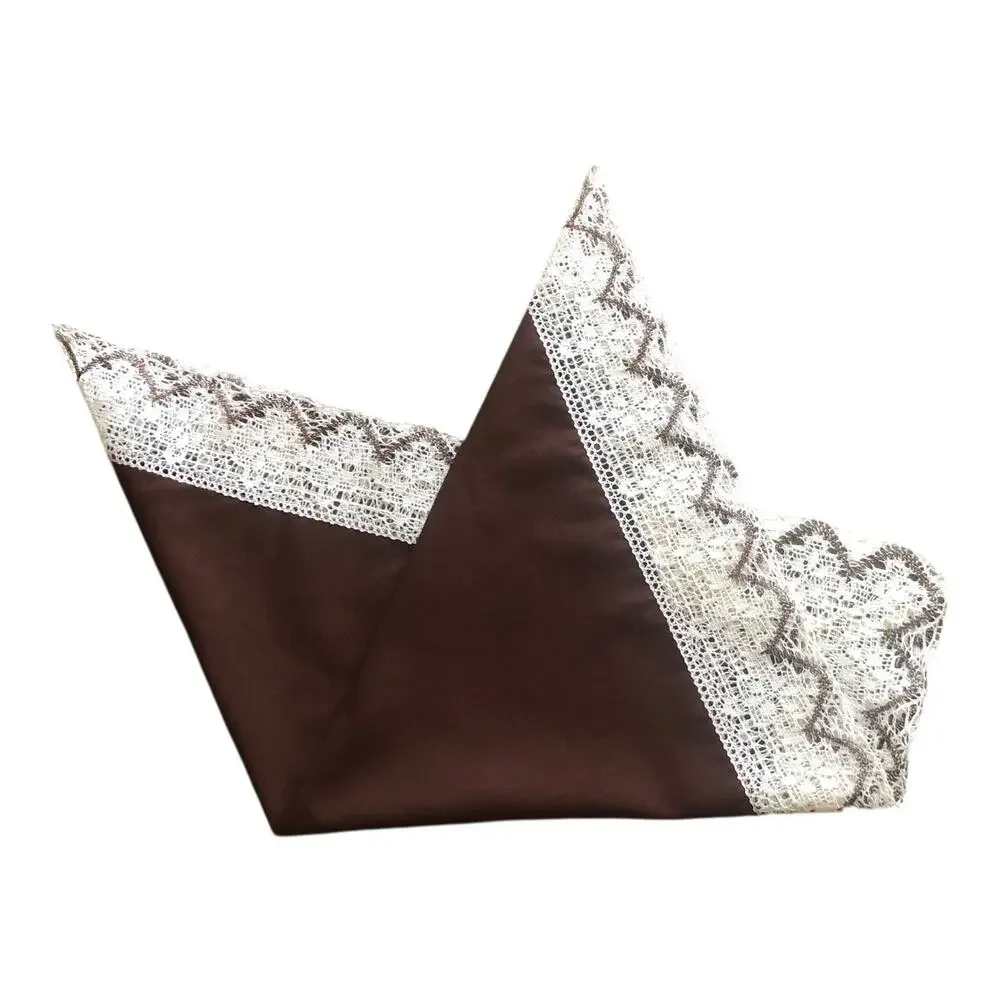 Vintage Brown Table Topper with White Crochet Lace Trim Square Tablecloth